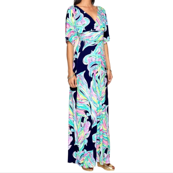 Lilly Pulitzer Parigi Maxi Dress Women Small Blue Pink Floral Paisley 3/4 Sleeve - Picture 2 of 8